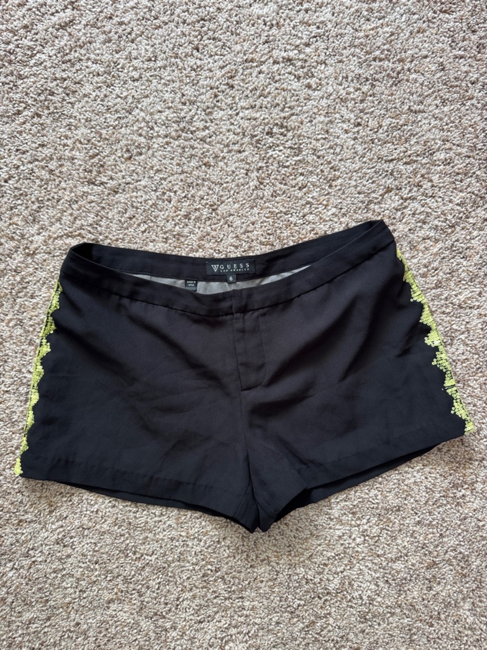 (4/$10) GUESS Black Mid Rise Shorts with Neon Lime Side Sequins
